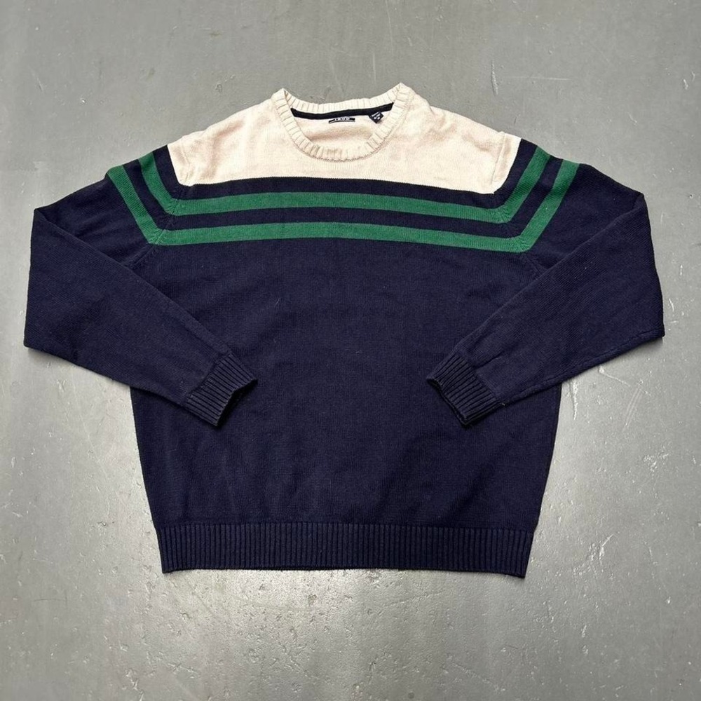 SOLD Vintage Izod Navy and Cream Sweater with Green Stripes
